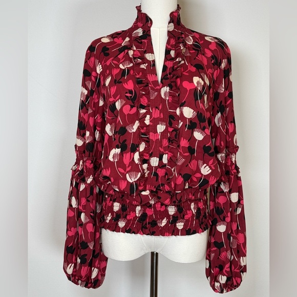 CAbi | Corsage Blouse Red Black Pink Floral Gathered Waist Women’s Size Small - Picture 1 of 13